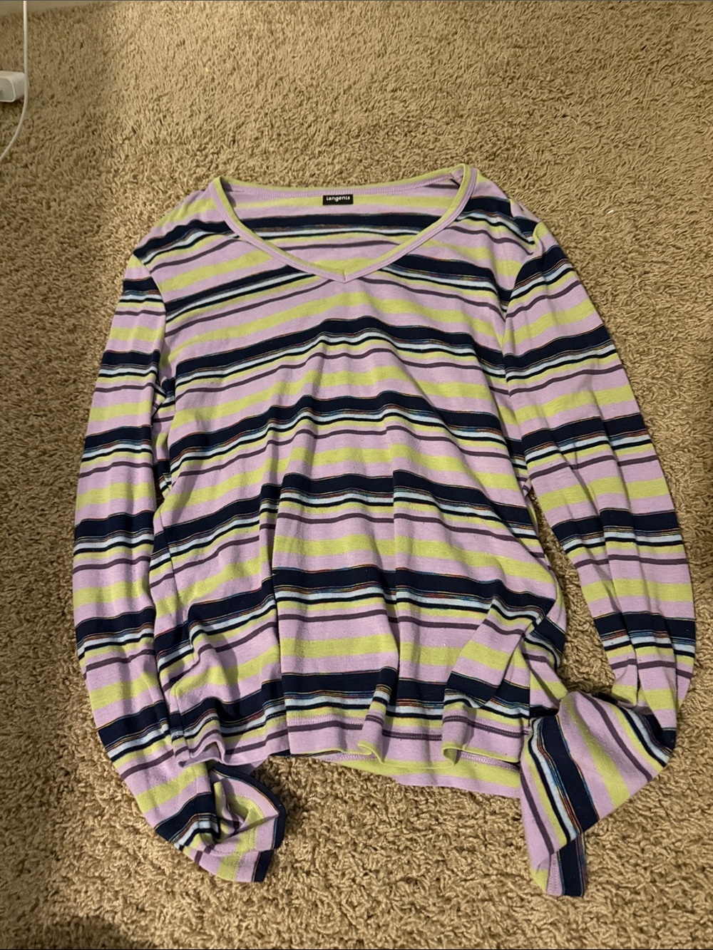 Lavender, Navy & Lime Striped V-Neck Sweater